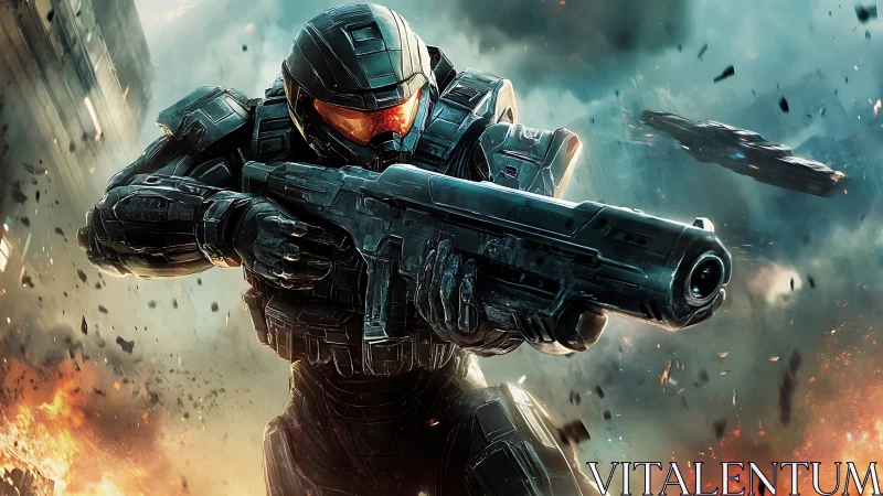 Armored star-soldier charges through a burning skywar zone.