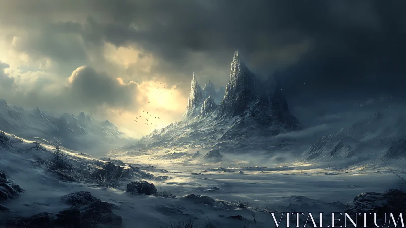 Glacial tundra basin beneath spired basaltic mountain massif