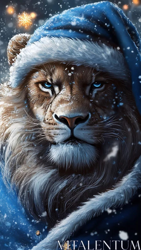 Lion in blue Santa hat in snowy winter scene.