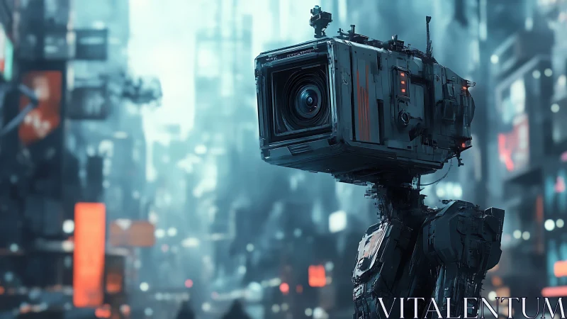 Sensor-head surveillance robot scans dense neon urban skyline