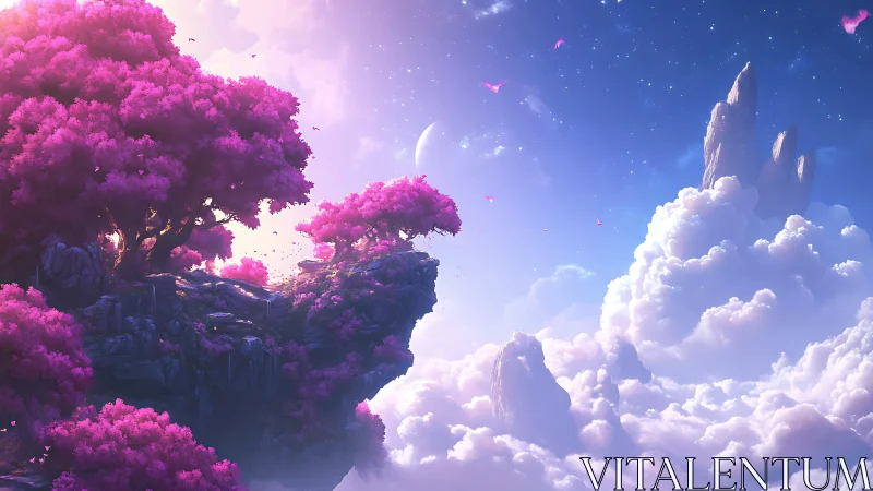 Floating rocky island with pink trees above dense cloud layer.