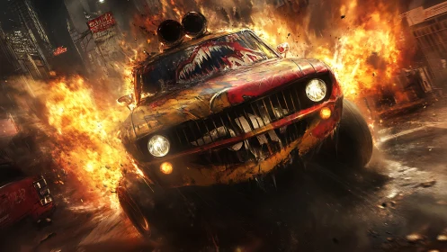 Armored muscle car drifts through urban firestorm with dynamic motion blur