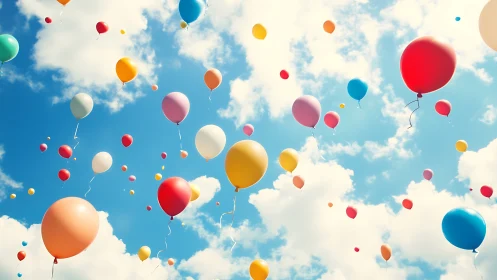 Multicolored Balloons Ascending Against Azure Sky with White Clouds.