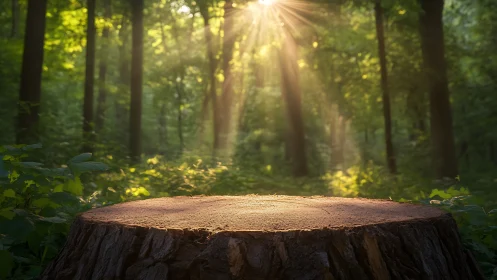 Forest Tree Stump with Volumetric Crepuscular Rays and Ambient Verdure Illumination