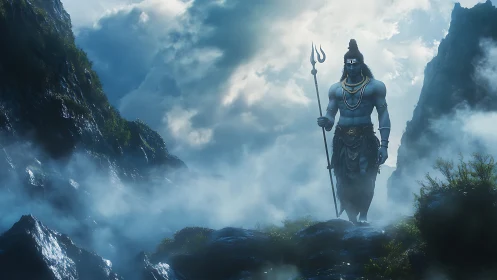 Mythic blue deity in misted mountain pass rendered digitally