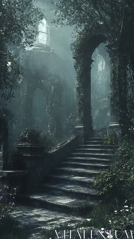 Misty stone staircase ascends through an overgrown ruined archway