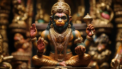 Hanuman sculpture in ornate golden seated posture.