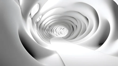 Futuristic white tunnel with flowing abstract curves, minimal style.