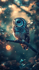 Moonlit owl perches in glowing, enchanted forest bokeh.