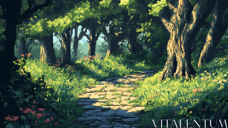 Pixelated forest path with deciduous trees and undergrowth.