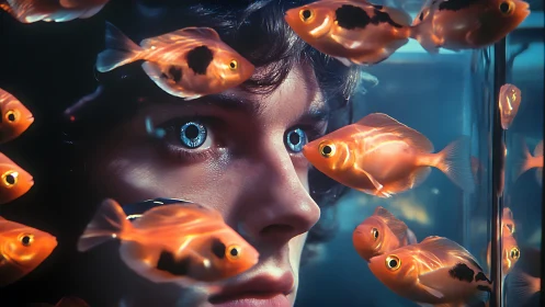 Dreamy kid watching glowing goldfish in a quiet aquarium.