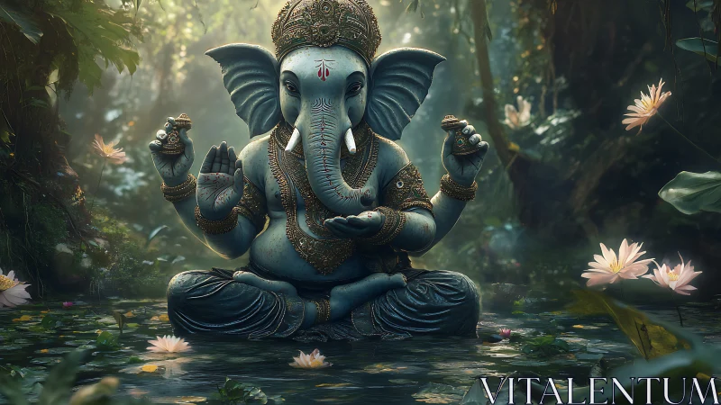 Elephant-headed deity breathes calm light into a lotus pond