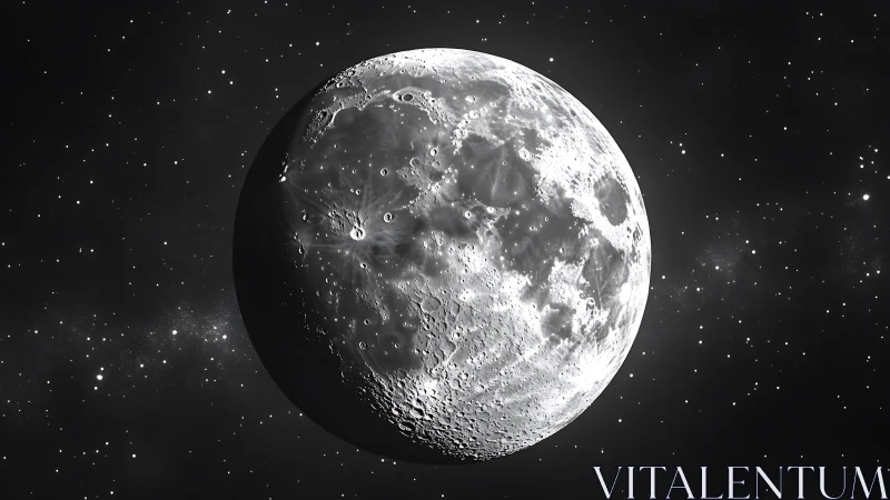 Quiet silver moon drifting through a star scattered night sky.