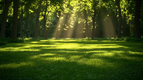 Sunlit forest clearing with green grass and tall trees.