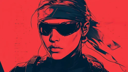 Tactical portrait of soldier in red-black duotone vector rendering