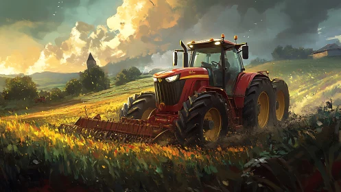 Golden evening tractor rolls through glowing countryside fields