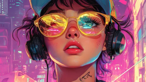 Headphoned youth observes neon cityscape through tinted lenses