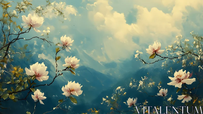 Soft spring blossoms drifting above dreamy blue hills.