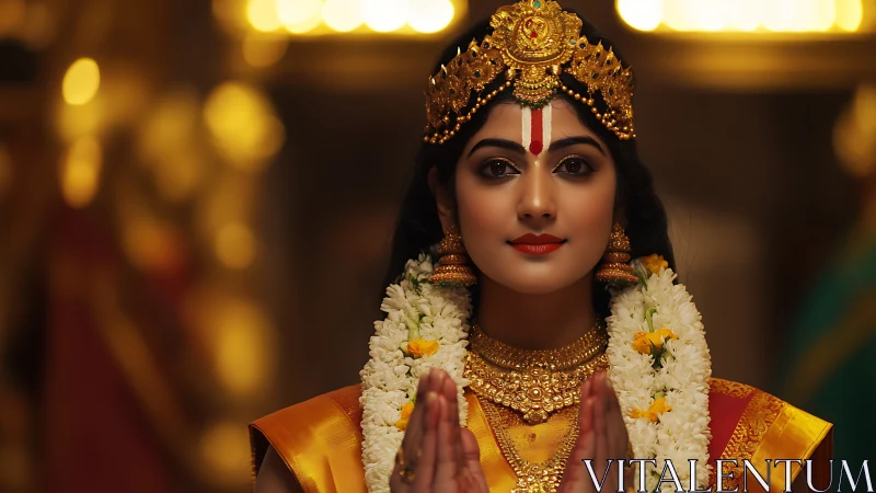 Golden temple glow around a serene South Indian bride.
