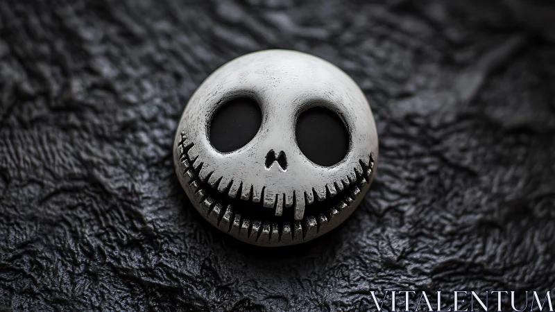 Playfully spooky skull pin resting on dark textured leather.