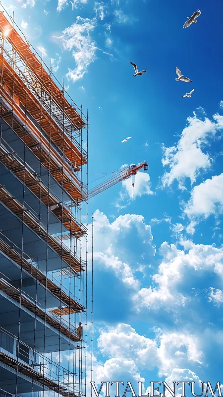Construction site with scaffold framework against bright sky