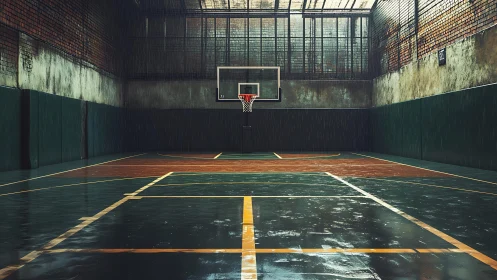 Empty indoor basketball court glistens under dim light.
