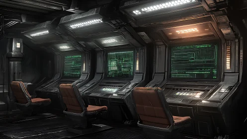 Quiet starship control room glowing with soft green data.