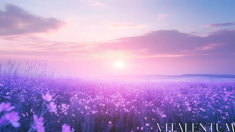 Pastel dawn illuminates expansive lavender wildflower meadow