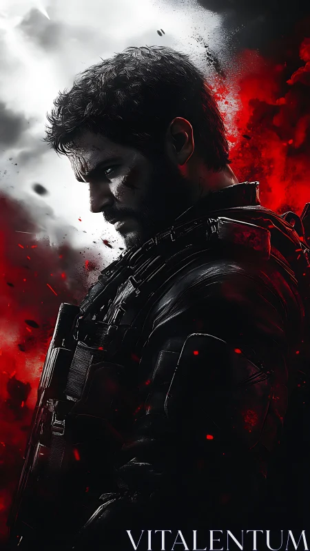 Brooding tactical soldier amid stark red smoke field.