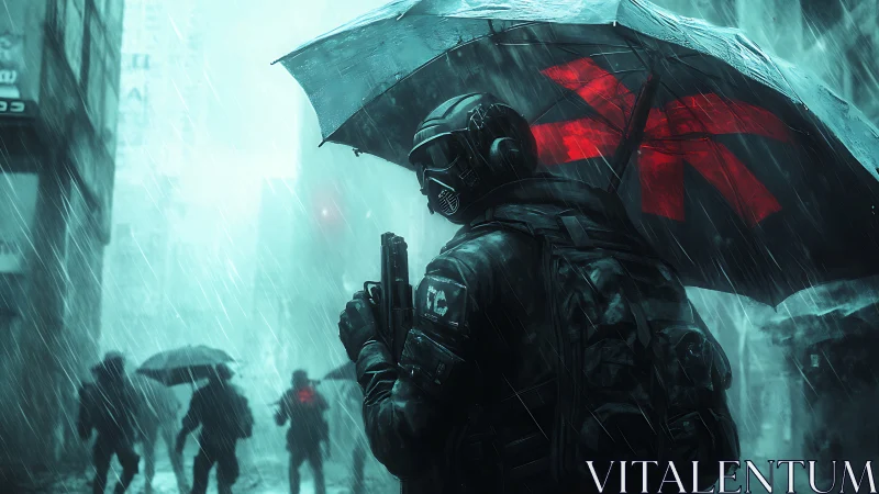 Guardian in the rain walking under a bold red-marked umbrella.