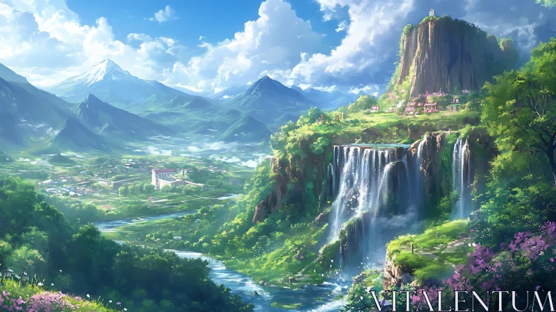 High-altitude cascade valley with terraced village and snow peaks.