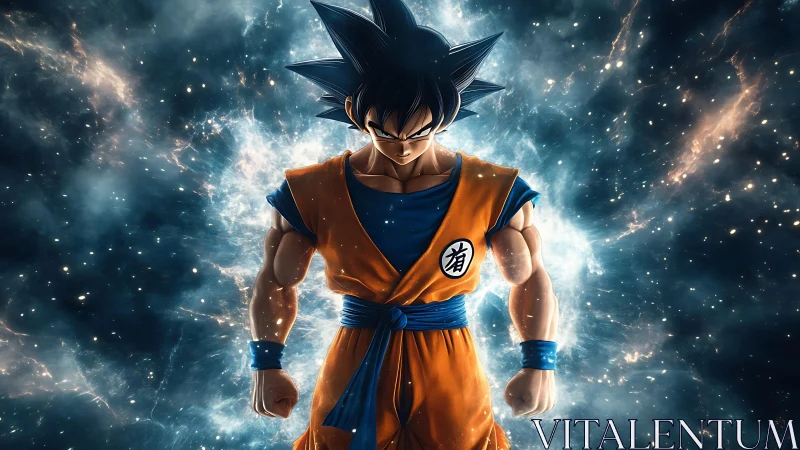 Fiery anime warrior gathers cosmic power in glowing storm.