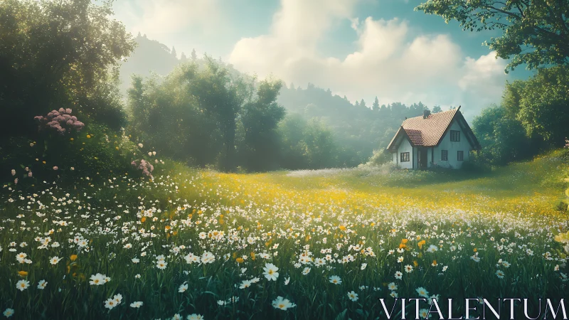 Small country house amid wildflower meadow in sunlight.