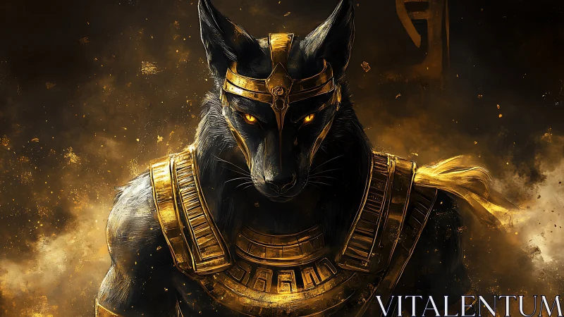Egyptian jackal god warrior in molten gold armor stands.