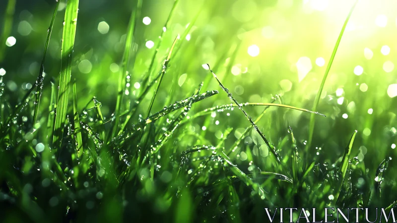 Macro dew-covered grass blades capture luminous morning light