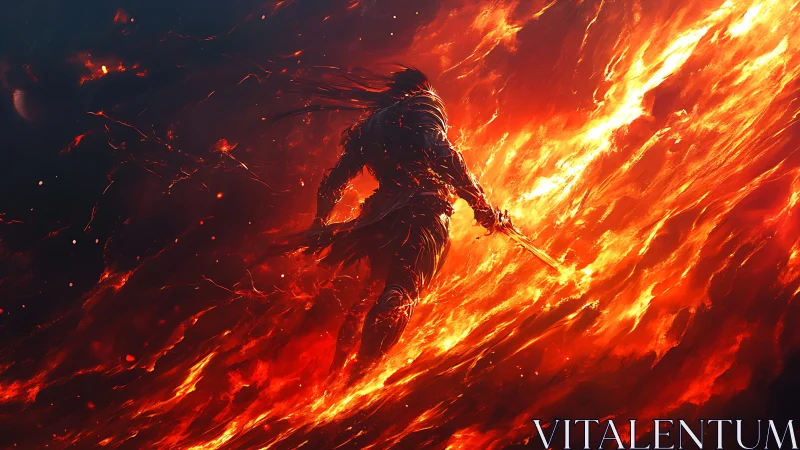 Flame‑wreathed warrior strides through a burning cosmic rift.