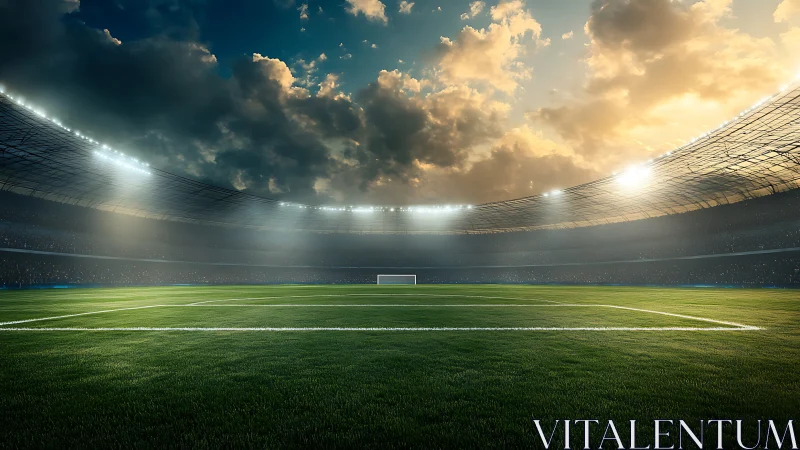 Sunlit soccer stadium waiting for the next big kickoff.