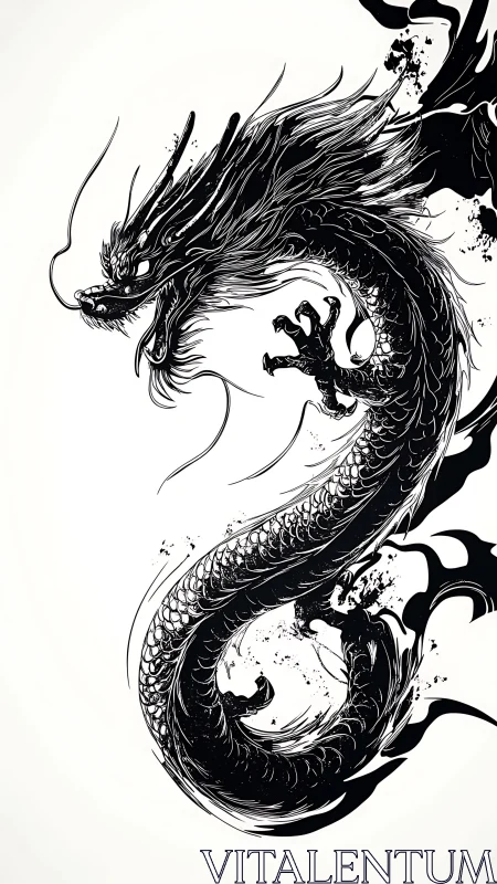Ink-drenched dragon coils in a bold, sweeping sky dance