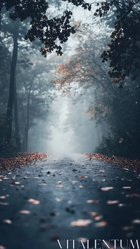 Misty forest road with wet asphalt and overhead foliage.