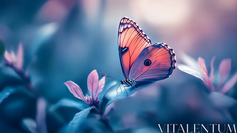 Twilight butterfly poised on dreamlit leaves of soft blue.