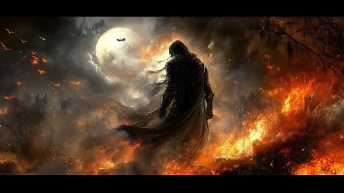 Hooded wraith stands before burning wasteland under blood moon