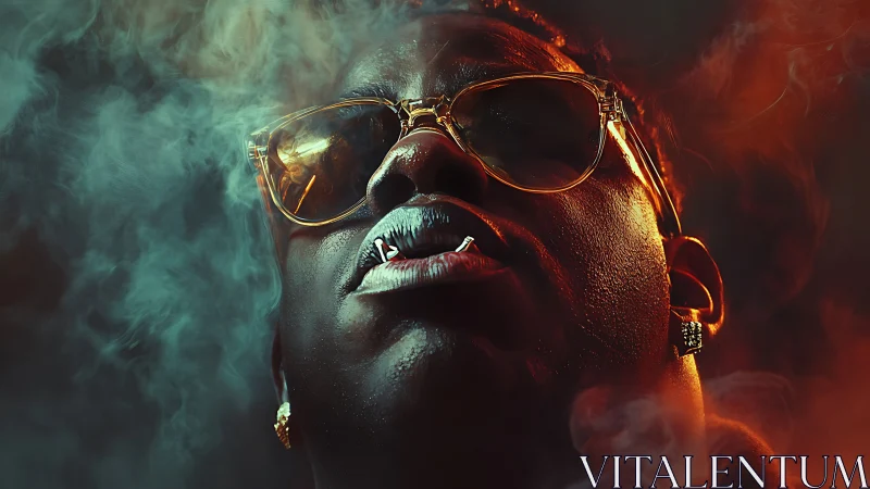 Low‑key neon portrait of man with smoke, piercing, gold frames.