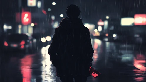 Silhouetted loner walks neon city street under rain