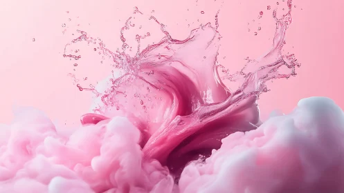 Swirling pink liquid splash emerging from cotton clouds.