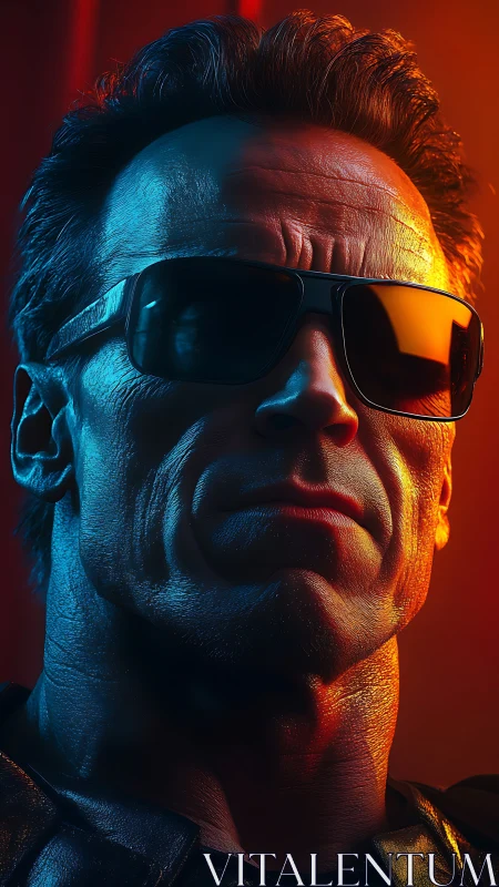 Chrome-shadowed titan stares down neon dusk with resolve