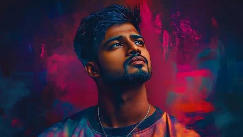 Neon-lit digital portrait isolates contemplative male gaze sharply.