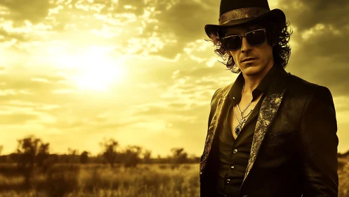 Backlit man in hat and sunglasses under intense golden sunset haze