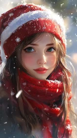 Winter-bright girl in red hat and scarf amidst soft snowfall.