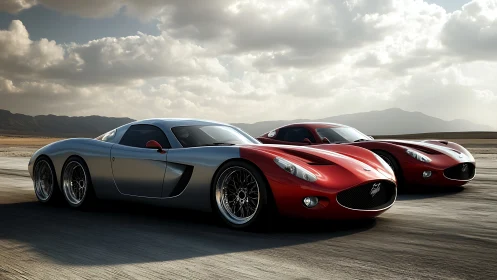 Twin red and silver sports cars on open desert track.
