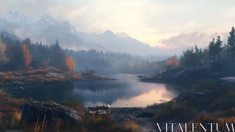 Autumn alpine lake vista in soft atmospheric perspective.